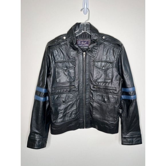 Real Leather Jacket Men's Size M Moto Resident Evil Leon Kennedy Black Blue - Picture 1 of 13